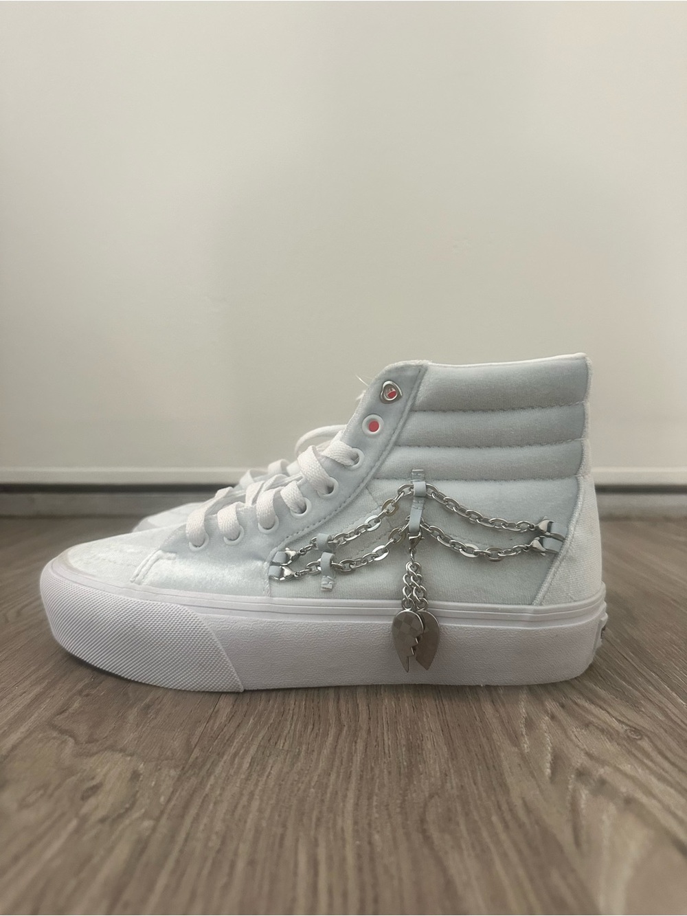 Vans Baby Blue Velvet High-Top Platform Sneakers with Silver Chain Detail